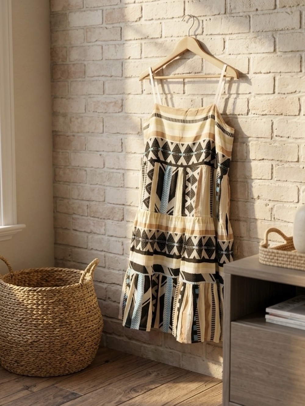 Elan Beige & Black Striped Geometric Midi Dress with Light Blue Accents - Picture 2 of 8